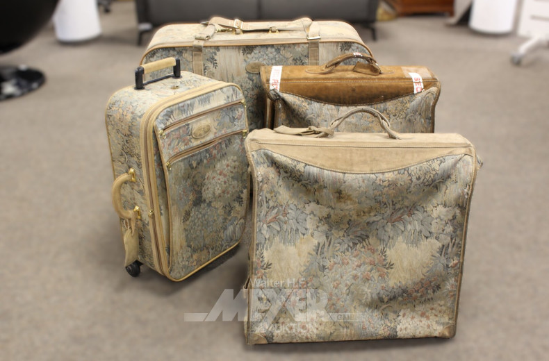 Posten Koffer und Reisetaschen aus Brokatstoff und Leder, mit floralem Dekor