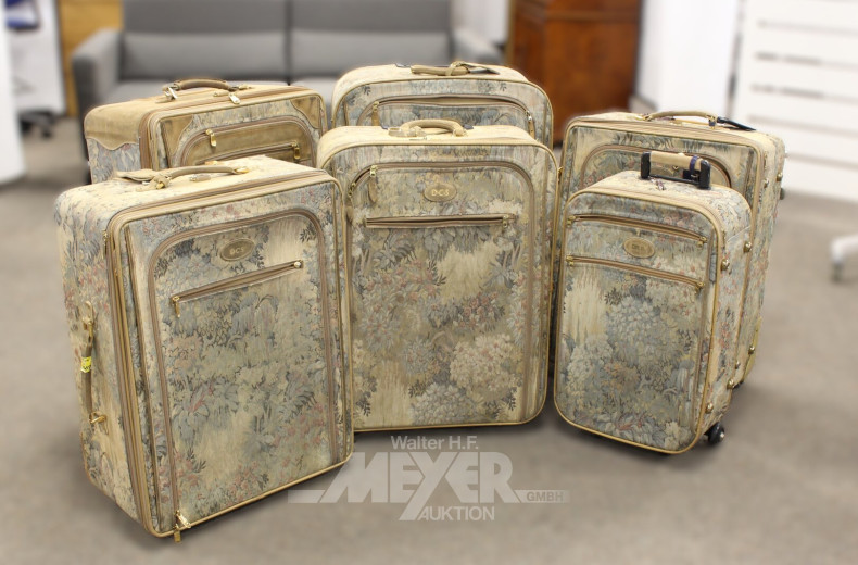 Posten Koffer und Reisetaschen aus Brokatstoff und Leder, mit floralem Dekor