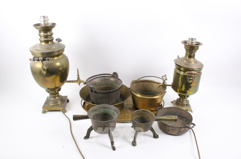 Gr. Posten Messing: Samoware, Töpfe, Tablett