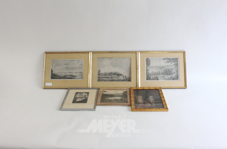6 Druckgrafiken mit Landschaftsszenen und Porträts