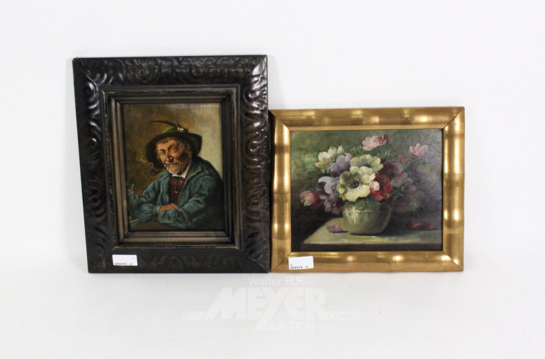 2 Gemälde "Pfeifenraucher" sowie "Blumenstillleben"