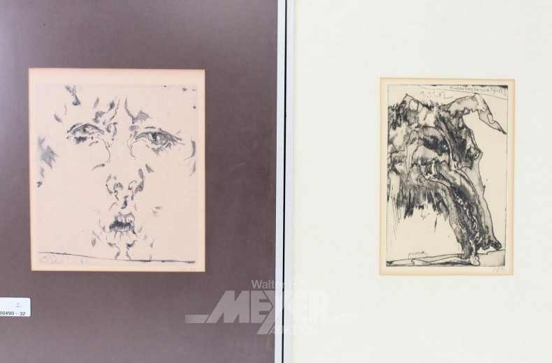 2 Radierungen 'Knochen eines Vereinsmitglieds' und 'Ohne Titel (Selbstporträt)'