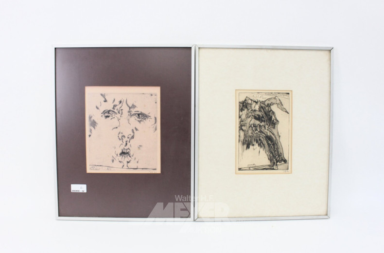 2 Radierungen 'Knochen eines Vereinsmitglieds' und 'Ohne Titel (Selbstporträt)'