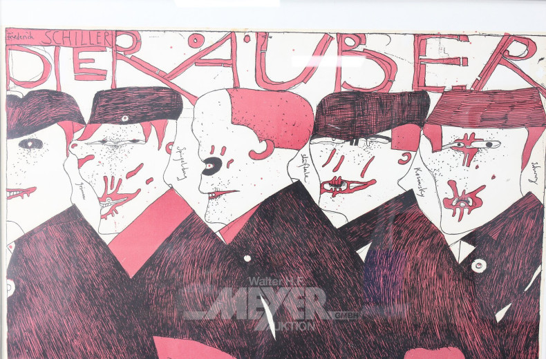 2 Werbeplakate für die Theateraufführungen 'Die Räuber' und 'Doppelkopf' im Deutschen Schauspielhaus