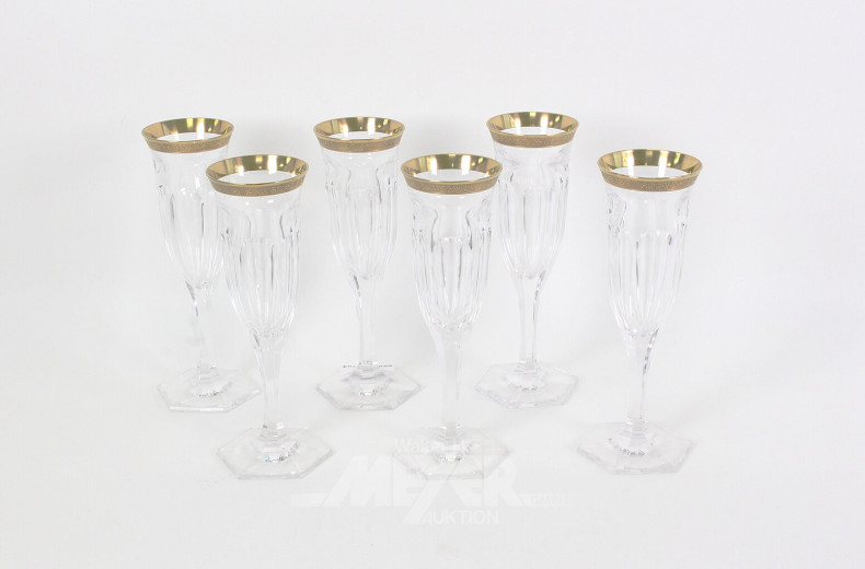 6 MOSER Sektflöten mit dekorativem Goldrand