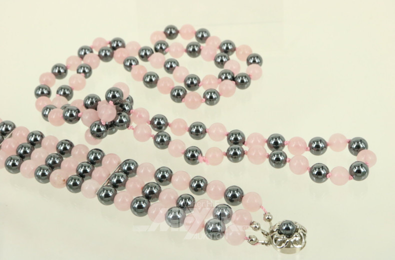 Rosenquarz-/Hämatit-Armband mit pass. Halskette