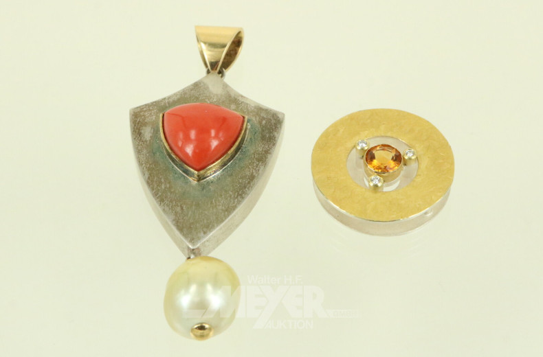 2 Kettenanhänger in 925er Silber, modernes Design mit Teilvergoldung und Steinbesatz