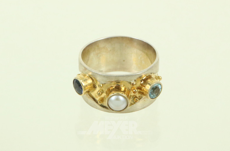 2 Ringe in 925er Silber mit Aquamarin, Perle und Teilvergoldung