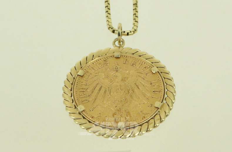 Halskette in 585 GG mit Münzanhänger Preußen 20 Mark Wilhelm II. 1891 A