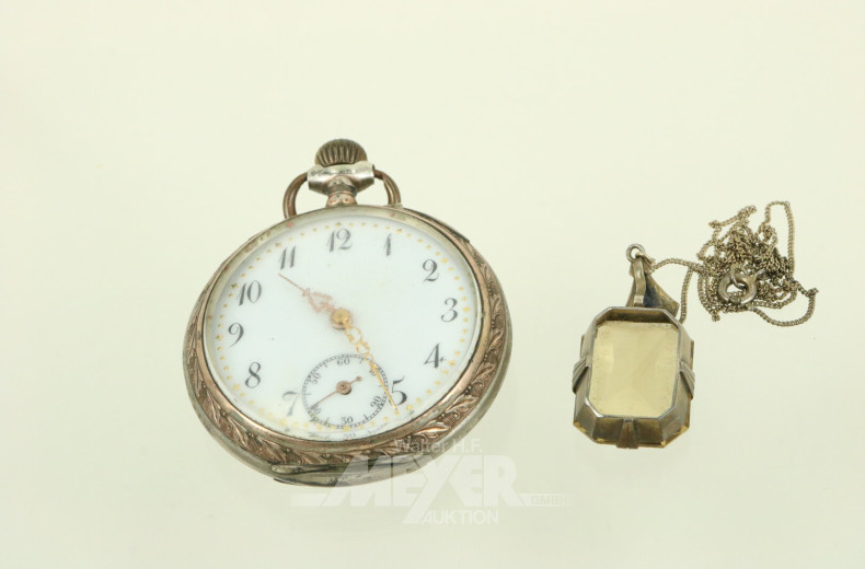 Silberkette mit antikem Anhänger, sowie 1 Taschenuhr