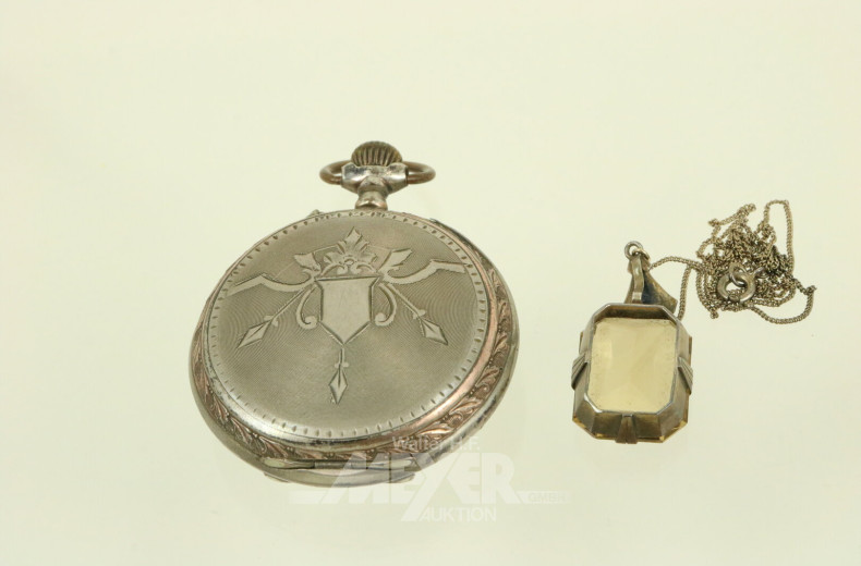 Silberkette mit antikem Anhänger, sowie 1 Taschenuhr