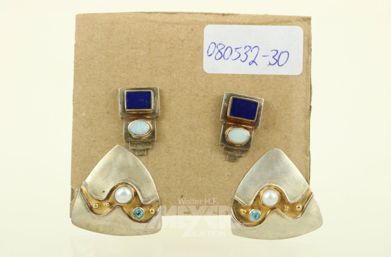 2 Paar Ohrstecker in 925er Silber mit Teilvergoldung und Steinbesatz