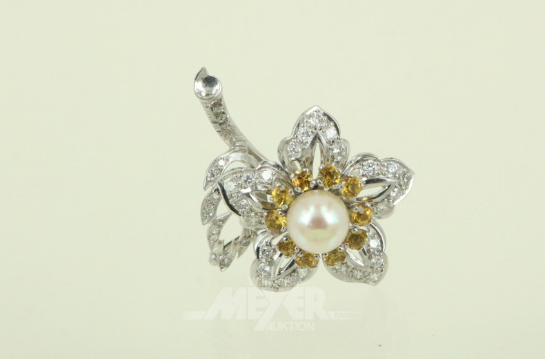Nadel 'Blume' mit kl. Brillanten, gelben Farbsteinen und 1 Perle