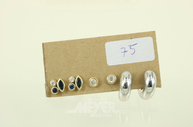 3 Paar Ohrstecker, tlw. mit Brillant