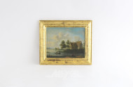 Kleines Gemälde 'Romantische Landschaft mit Fischern'