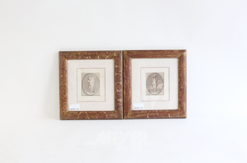 Paar Kupferstiche in Punktiermanier 'Amor in Gedanken' und 'Amor's Gabe'