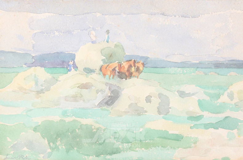 2 Aquarelle "Heuernte" u. "Jagdgesellschaft"