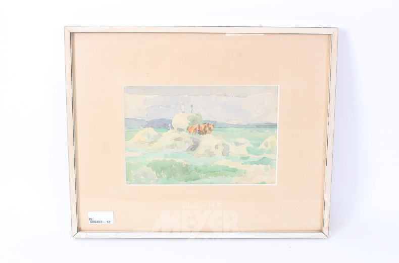 2 Aquarelle "Heuernte" u. "Jagdgesellschaft"