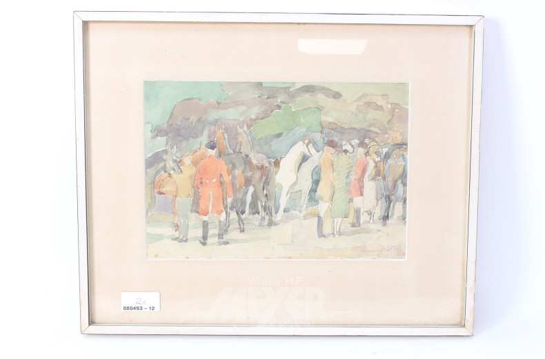 2 Aquarelle "Heuernte" u. "Jagdgesellschaft"