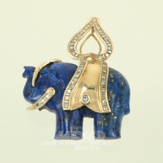 Anhänger 'Elefant' aus Lapislazuli, Details aus 585 GG mit kl. Brillanten