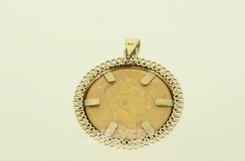Kettenanhänger mit Goldmünze, Preußen 20 Mark Wilhelm II. 1909 A