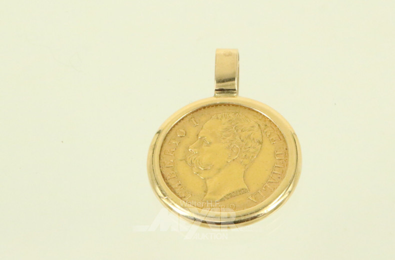 Kettenanhänger mit Goldmünze Italien 20 Lire Umberto I. 1882