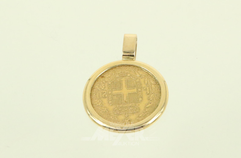 Kettenanhänger mit Goldmünze Italien 20 Lire Umberto I. 1882