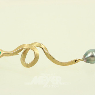 Einzelohrrhänger 'Schlange' mit Smaragd u. tropfenförmiger, grauer Tahitiperle