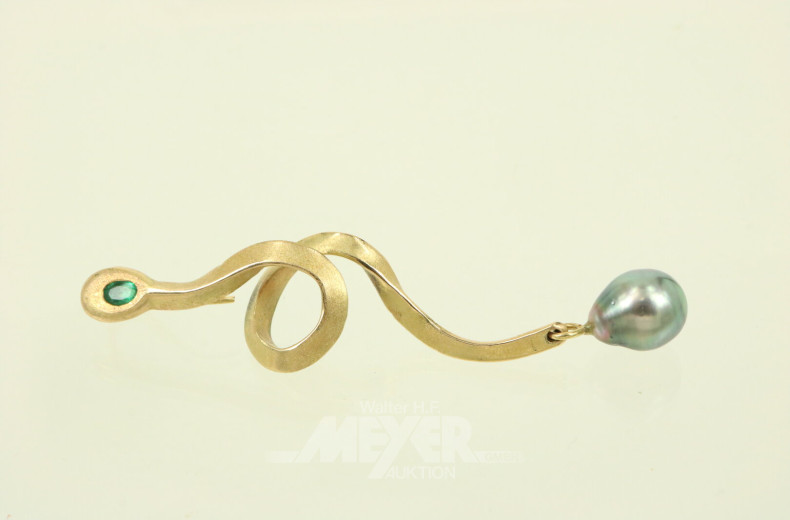 Einzelohrrhänger 'Schlange' mit Smaragd u. tropfenförmiger, grauer Tahitiperle
