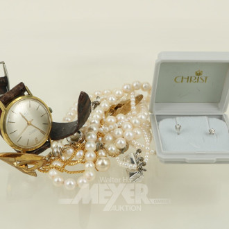 kl. Posten Modeschmuck: Armbanduhr, Perlenketten, Ohrstecker