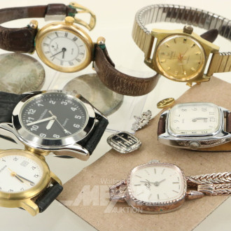 6 div. Armbanduhren, 1 Handy ohne Funktion, 2 Münzen