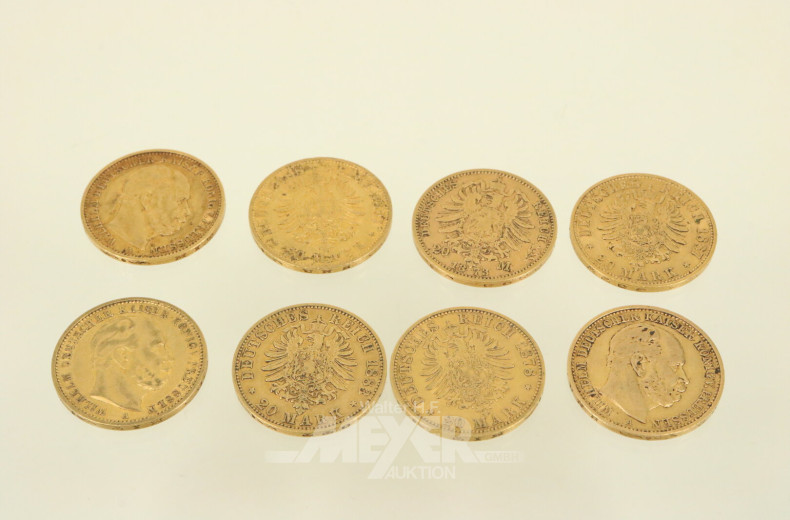 8 Peußen 20 Mark Wilhelm I. div. Jahrgänge