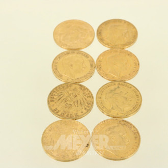 8 Peußen 20 Mark Wilhelm II. div. Jahrgänge
