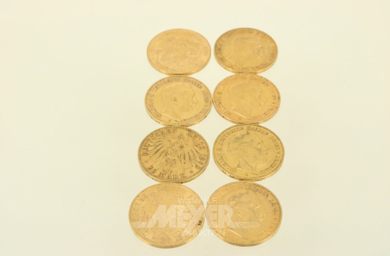 8 Peußen 20 Mark Wilhelm II. div. Jahrgänge