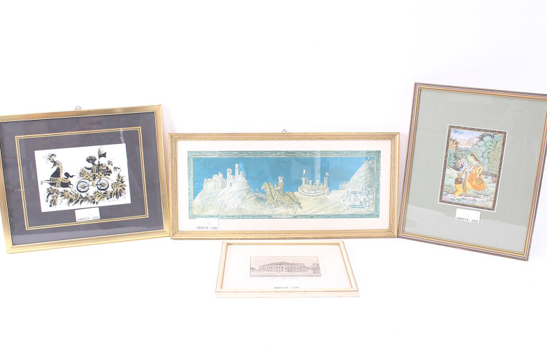 4 kleine Bilder "Reiter zwischen Burgen"  "Galanter Antrag"  "Pferd mit Wagen"  "Das Hoftheater"