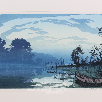 Farbholzschnitt 'See im Morgennebel'