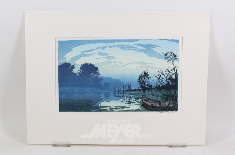 Farbholzschnitt 'See im Morgennebel'