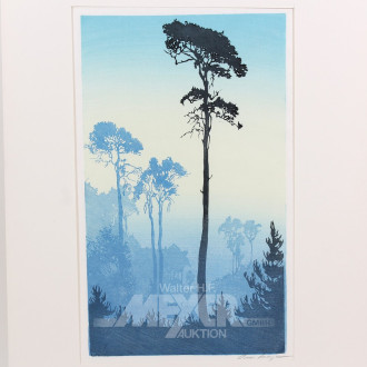 Farbholzschnitt 'Wald im Nebel'