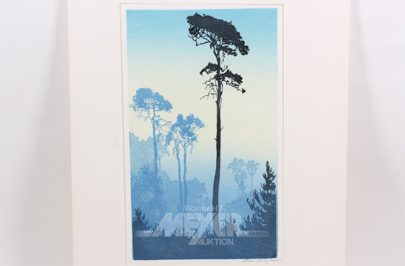 Farbholzschnitt 'Wald im Nebel'