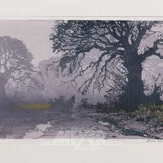 Farbholzschnitt 'Bauer mit Kutsche in düsterer Landschaft'