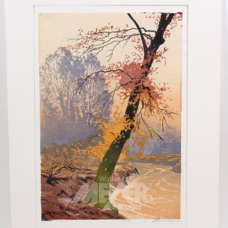 Farbholzschnitt 'Herbstlicher Wald mit Bach'
