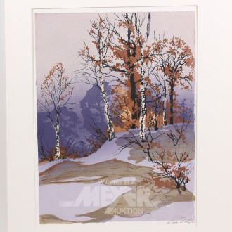 Farbholzschnitt 'Winterlicher Wald mit Birken'