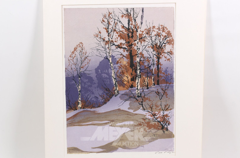 Farbholzschnitt 'Winterlicher Wald mit Birken'