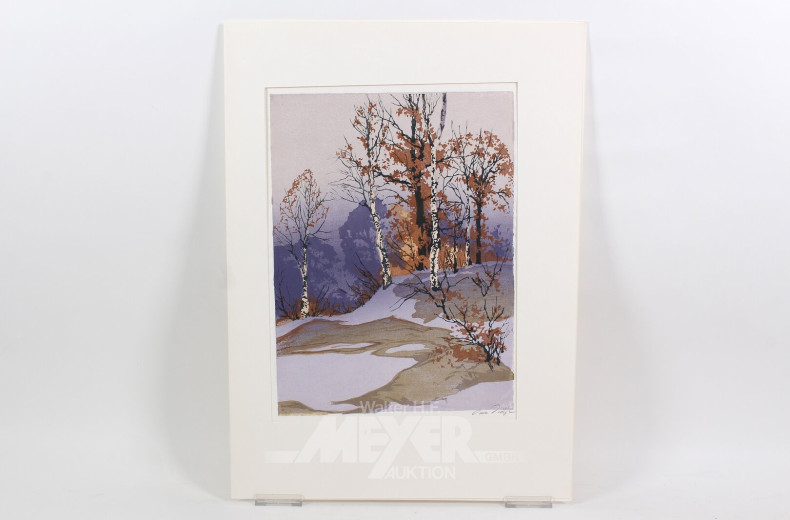 Farbholzschnitt 'Winterlicher Wald mit Birken'