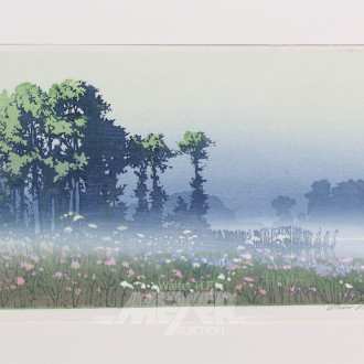 Farbholzschnitt 'Seenlandschaft mit Blumen im Nebel'