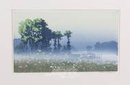 Farbholzschnitt 'Seenlandschaft mit Blumen im Nebel'