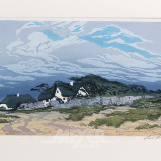 Farbholzschnitt 'Dünenlandschaft mit Bauernhäusern im Sturm''