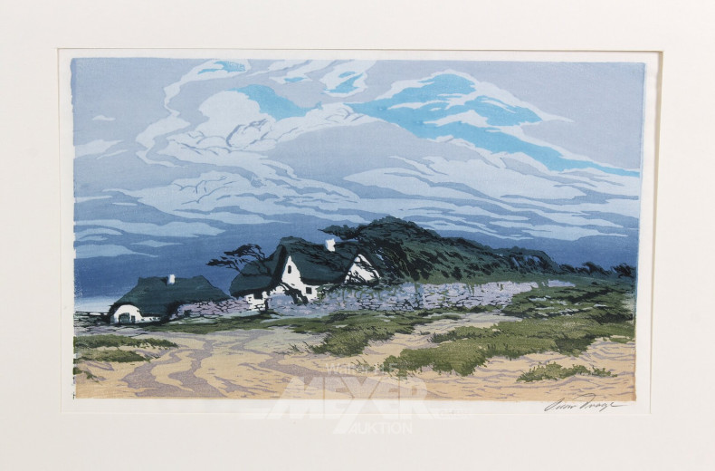 Farbholzschnitt 'Dünenlandschaft mit Bauernhäusern im Sturm''