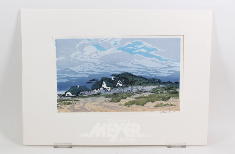 Farbholzschnitt 'Dünenlandschaft mit Bauernhäusern im Sturm''