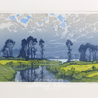 Farbholzschnitt 'Landschaft mit See''